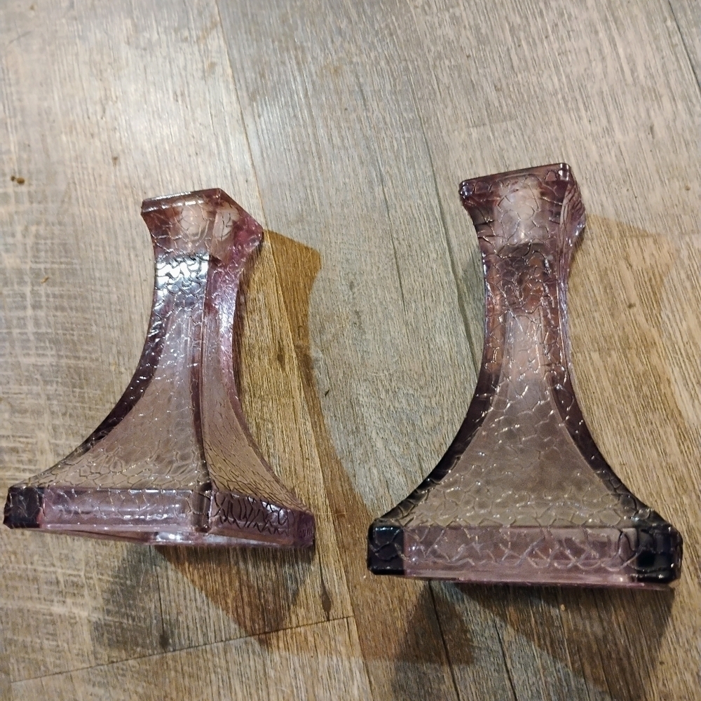 Antique Art Deco Glass Candle Stick Holders manganese Amethyst square Pair 6”. C - Picture 2 of 4